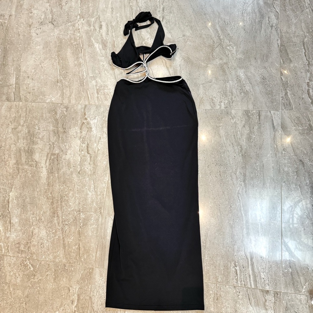 Meshki Black Backless Dress with White Trim